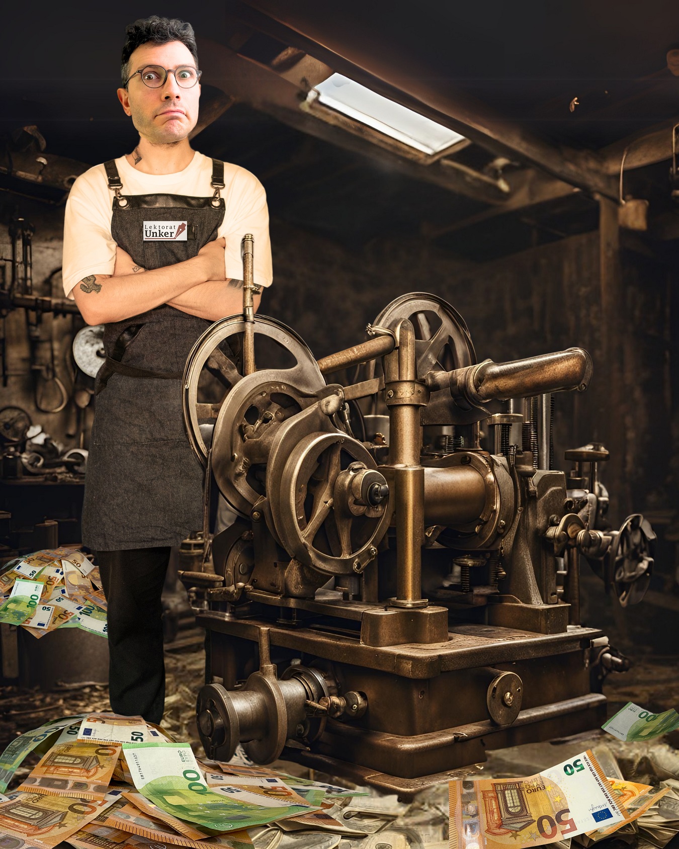 Lektorat Unker – Werkstatt mit Gelddruckmaschine.